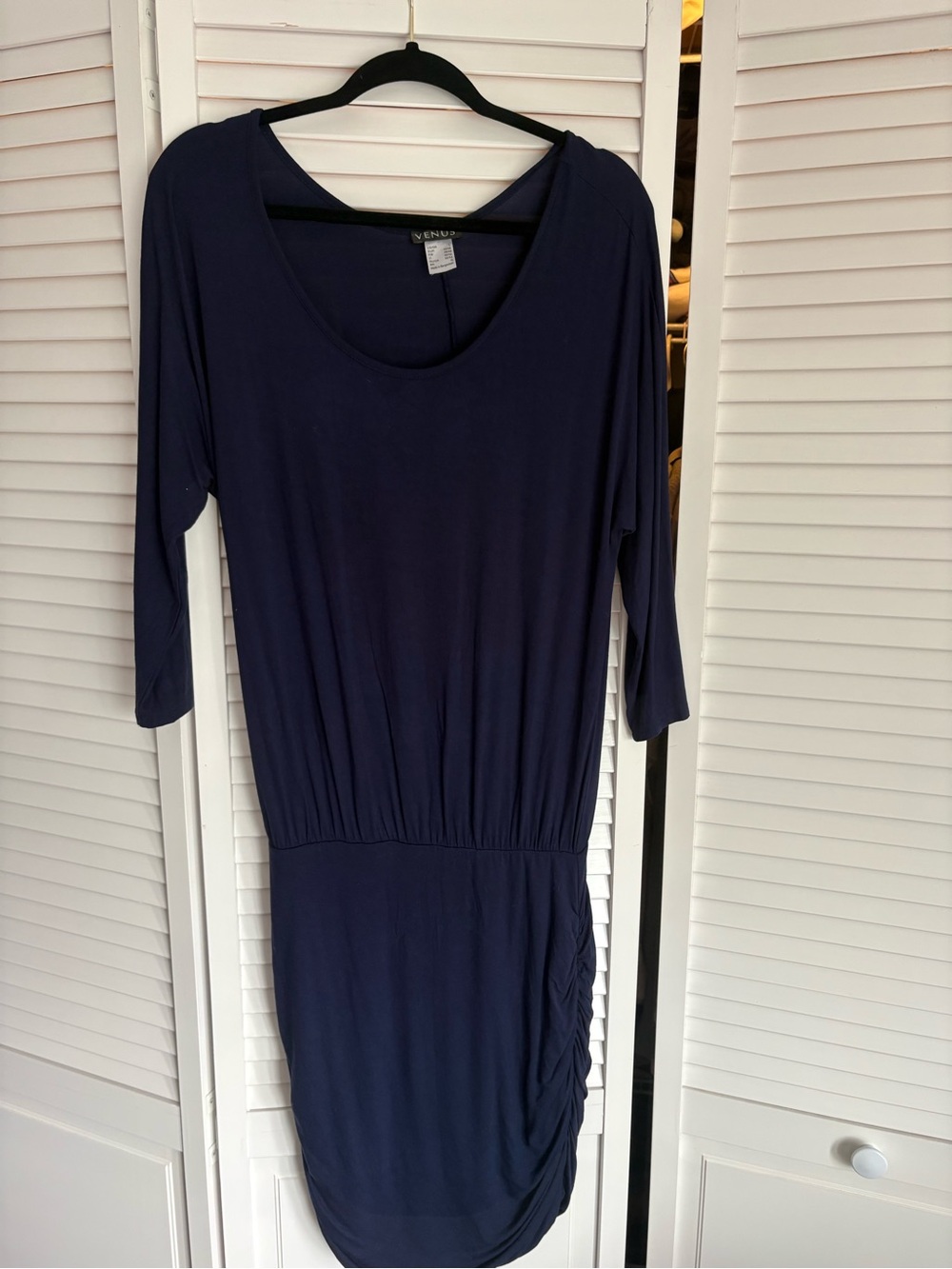 Venus Navy Scoop Neck Ruched Waist Dress